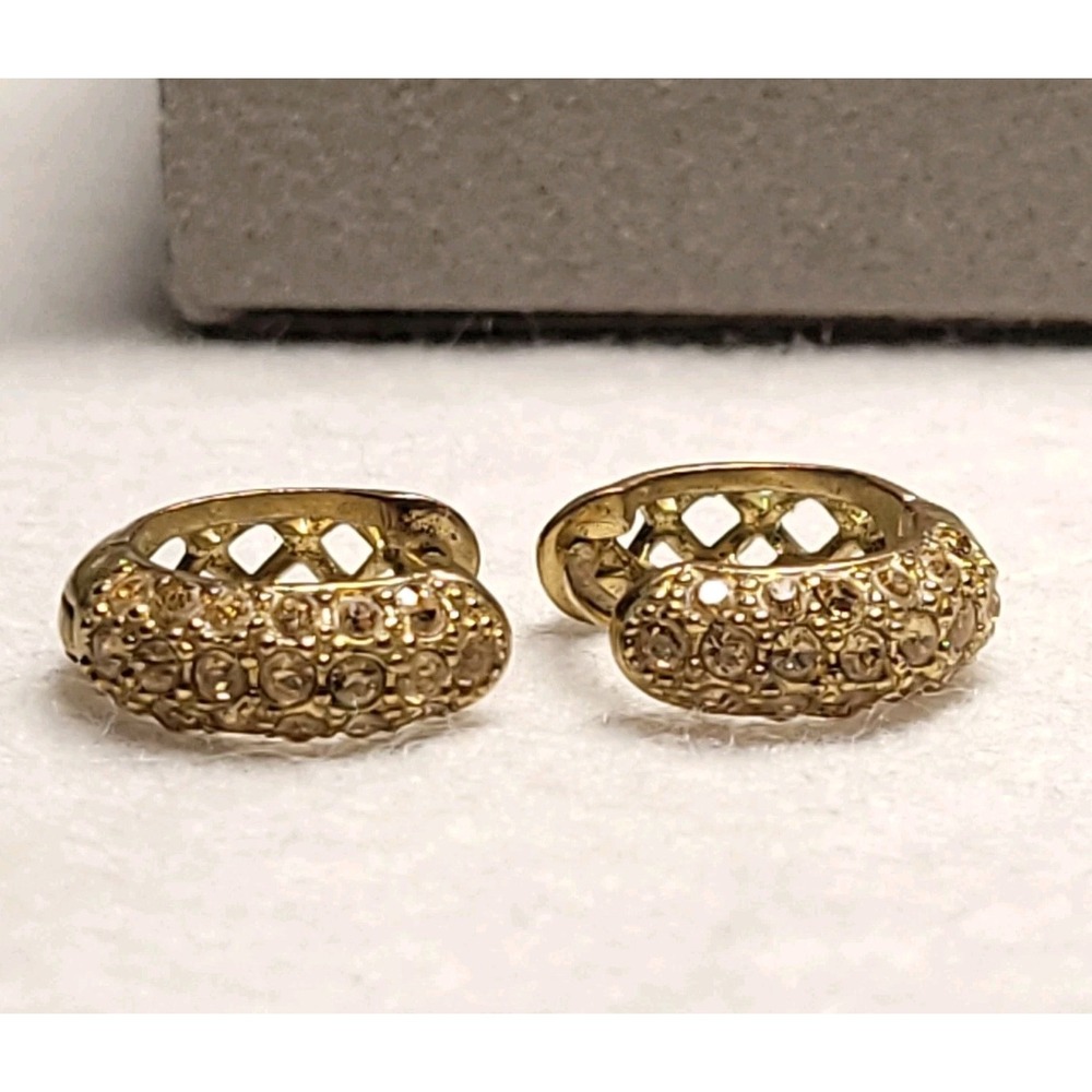 Givenchy Vintage Gold Tone Crystal Huggie Hoop Earrings Signed 1980s 1990s